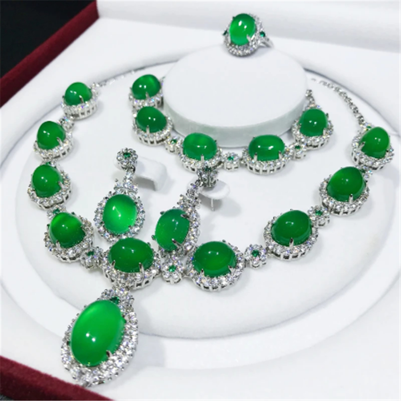 Vintage Jade Diamond Jewelry set 925 Sterling Silver Engagement Wedding Rings Earrings Necklace Bracelet For Women Party Jewelry