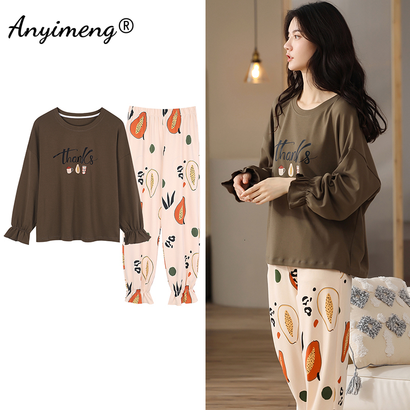 Women's Sleepwear 5XL Pajamas for Women Autumn Winter Pyjama Set Floral Printing Elegant Sleepwear Cotton Womens Pijama Set Lady Loungewear 23031