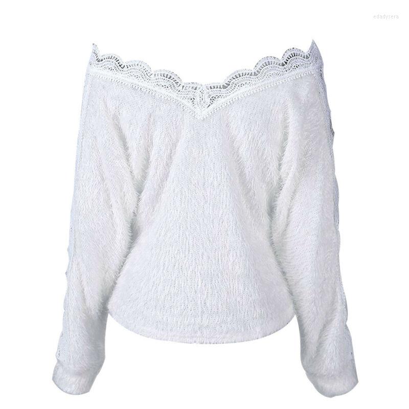 Womens Sweaters White Lace Crochet Hollow Out Long Sleeve Women V-Neck Pullover Jumper Spring Autumn Fashion Casual Woman Clothing