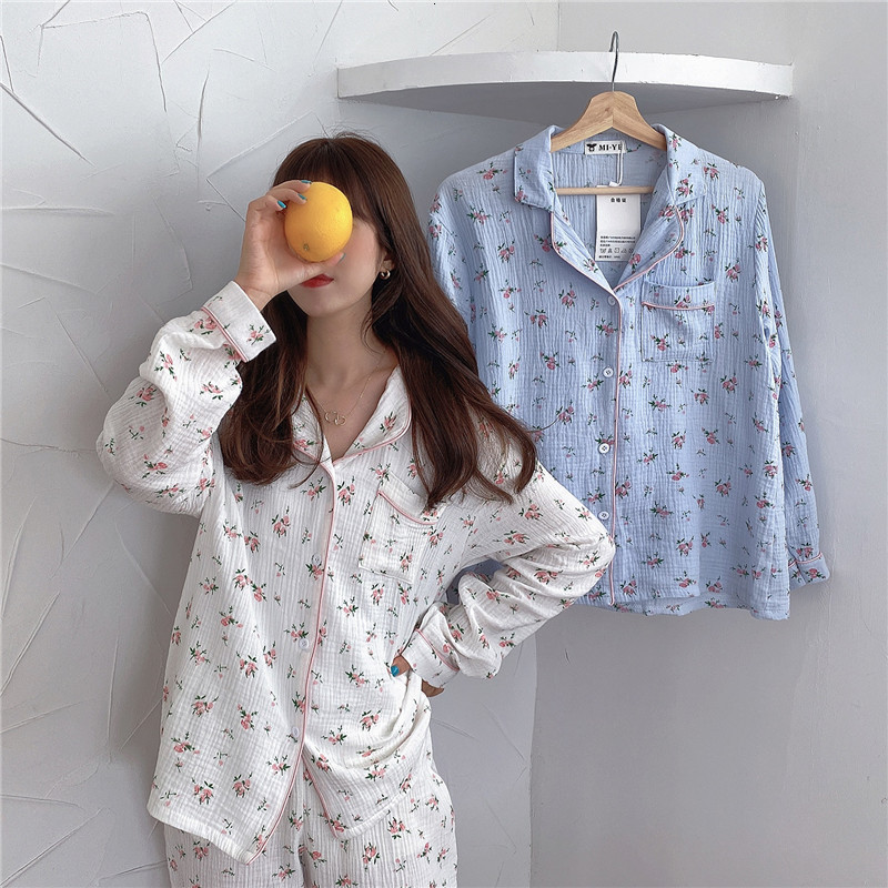 Women's Sleepwear floral print gauze cotton pajama set women comfortable breath pants suit home clothes linen crepe nightwear pyjamas L937 230310