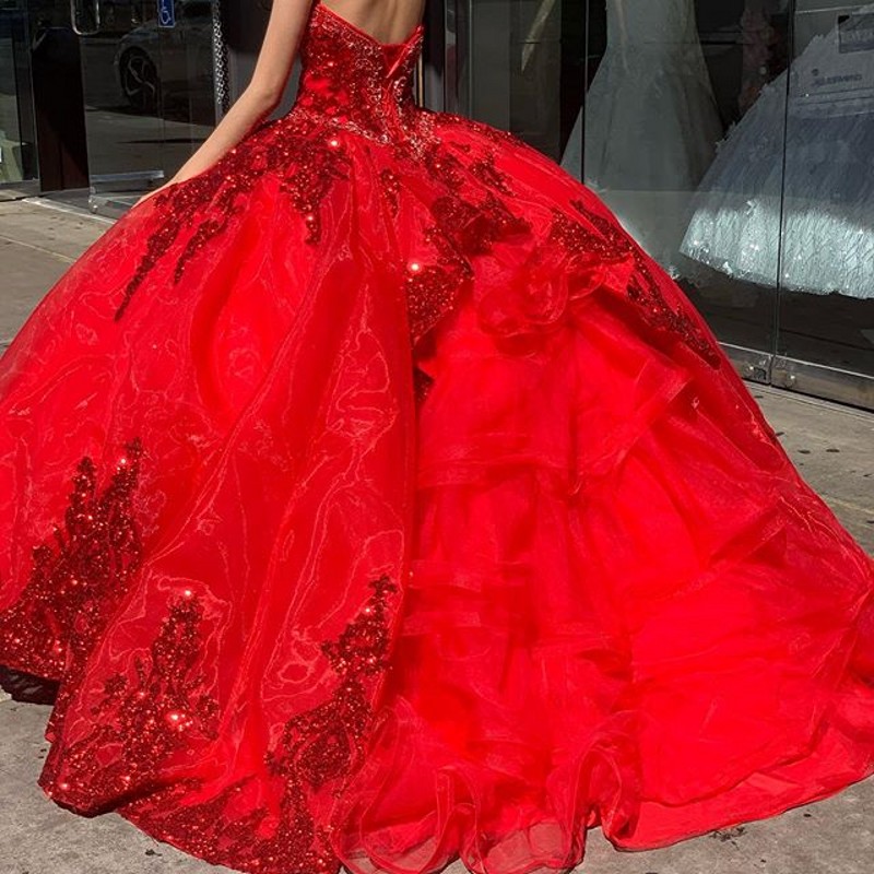 Red Sweet 16 Quinceanera Dress Sequined Sparkly Lace Pageant Party Dress Ball Gown Mexican Girl Birthday Gown