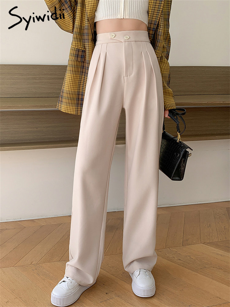 Women's Capris Syiwidii Wide Leg Suits for Women High Waisted Fashion Casual Loose Straight Pants Front Pleated Black Coffee Trousers 230310 Z260