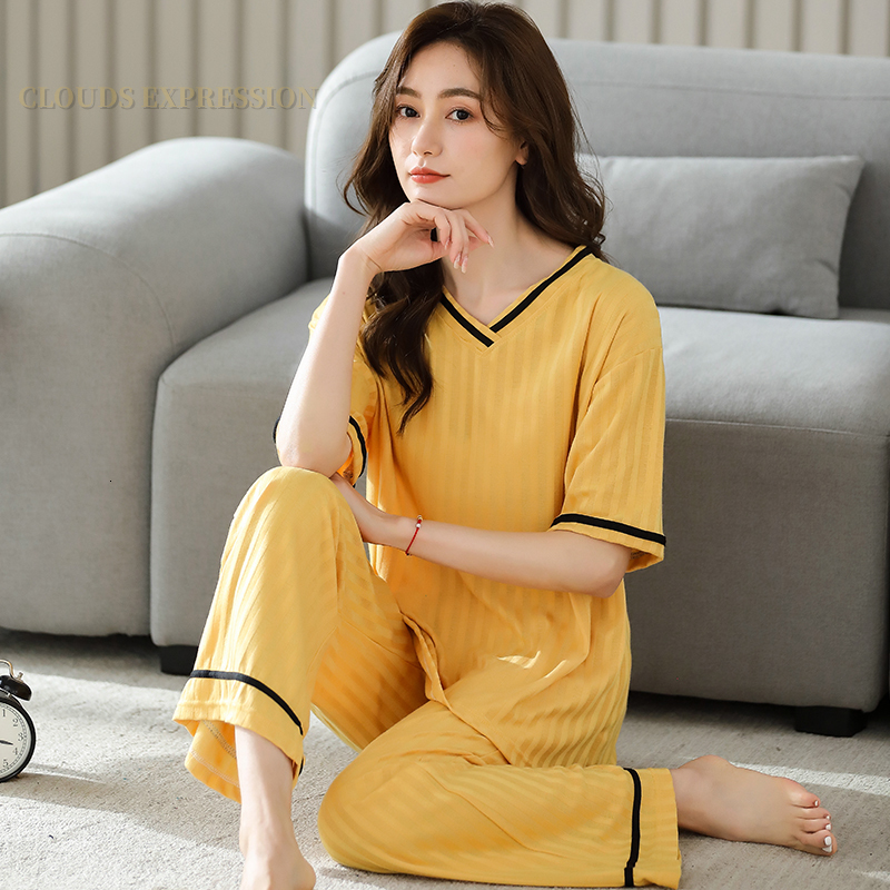 Women's Sleepwear Summer Knitted Cotton Elegant Pajamas Set Women Pyjamas Polka Dots Sleepwear Nightwear Pijama Mujer Plus Size Calf-Length Pants