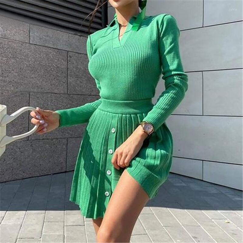 Casual Dresses Fashion Outfits Knitted Sweaters Top And Pleated Skirts 2 Piece Sets Women Pleat Autumn Winter Matching Set Dress