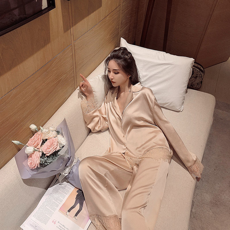 Women's Sleepwear Pijamas Women Silk Nightgown Spring Autumn Long Sleeve Trousers Sexy Lace Sleepwear V-neck Loose Casual Simple Thin Pajama Sets