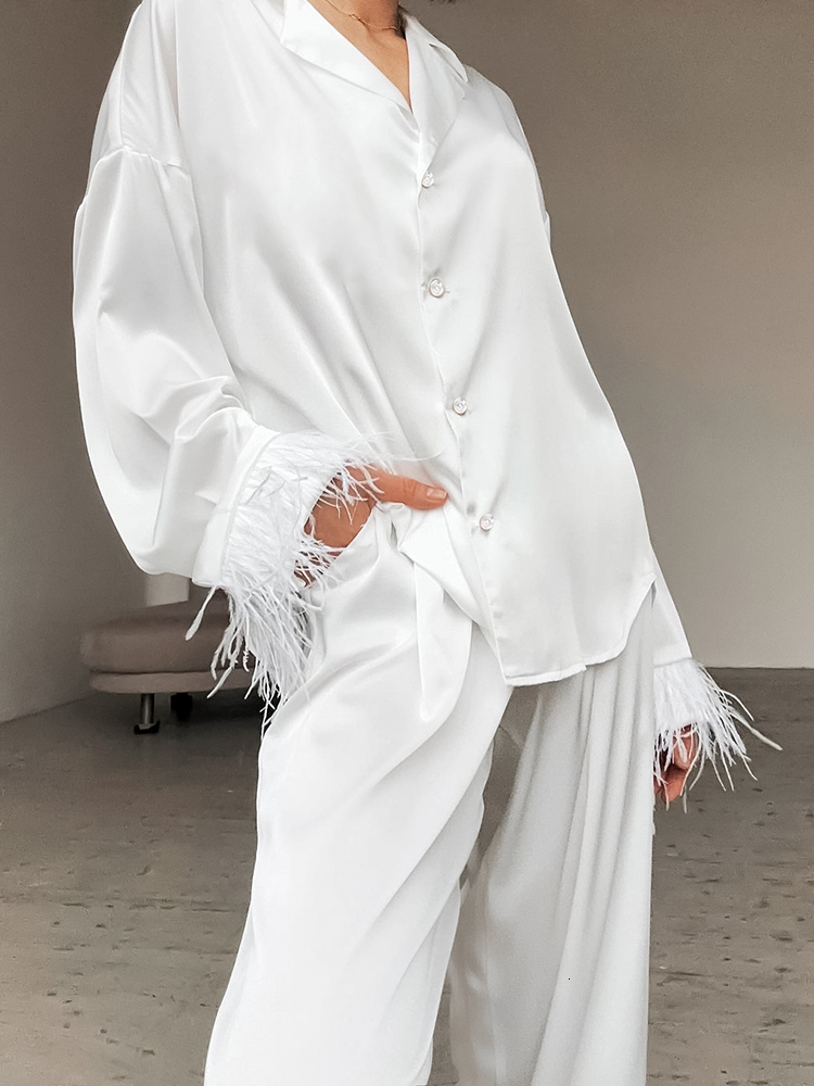 Women's Sleepwear Linad Feathers Pajamas For Women 2 Piece Sets White Long Sleeve Nightwear Female Trouser Suits Spring Casual Sleepwear 230310