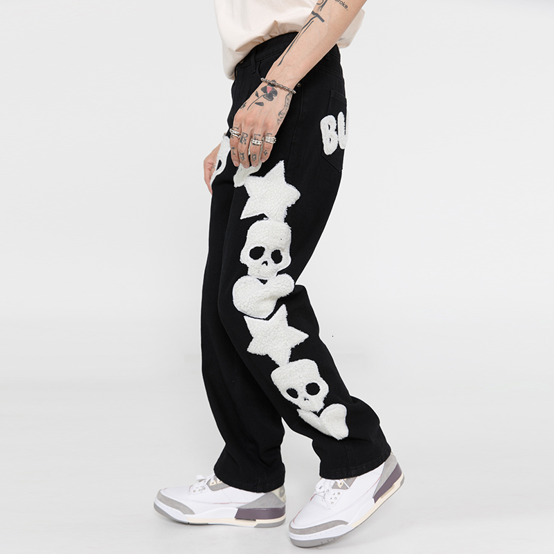 Men's Jeans Skull and Five Stars Towel Embroidery Ripped Mens Pants Harajuku Vibe Style Streetwear Oversize Casual Denim Trousers 230310