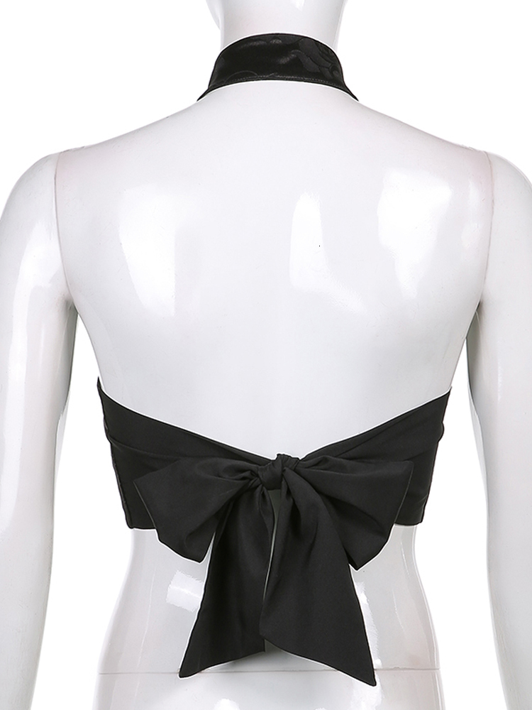 Women's Tanks Camis Darlingaga Chinese Style Elegant Jacquard Black Halter Top Backless Lace Up Bow Summer Tank Women Sexy Vest Gothic Crop s 230