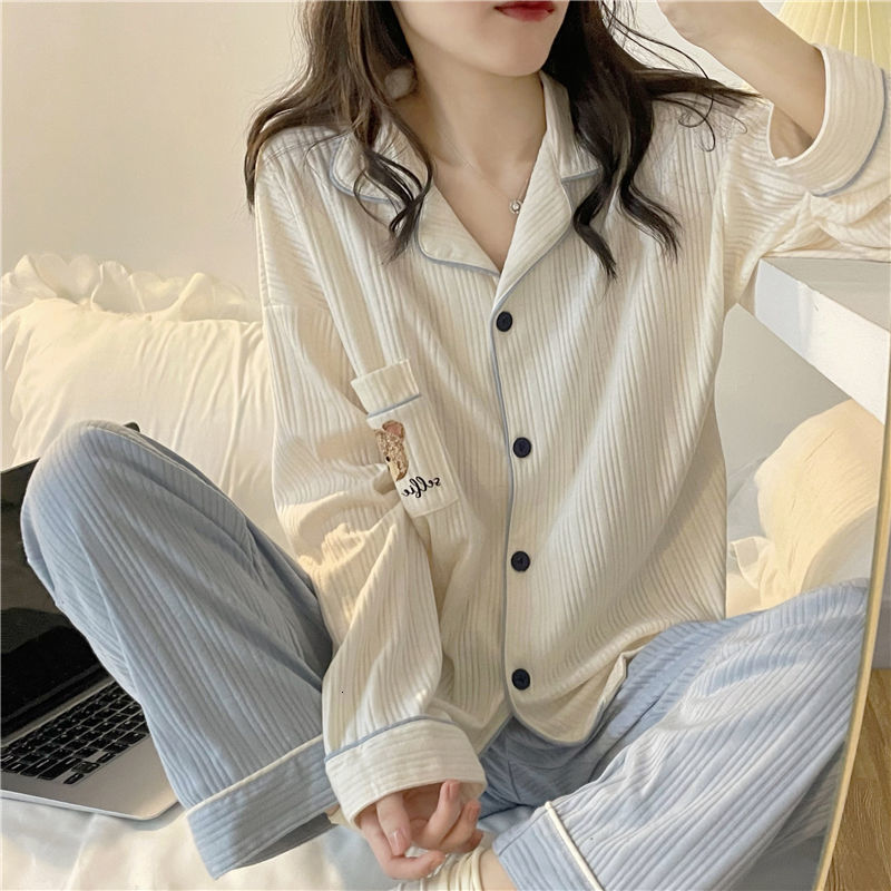 Women's Sleepwear Pajamas Women's Autumn and Winter Cardigan Sweet Simple Student Cute Cartoon Spring Loungewear Set 230310