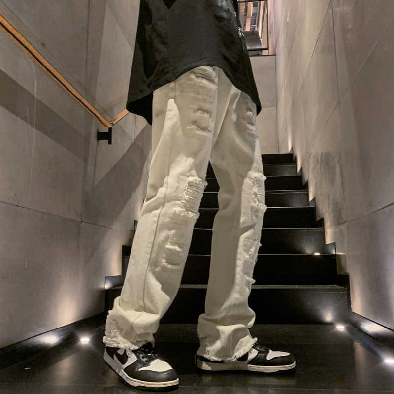 Men's Jeans Street Clothing 2023 New Casual and Comfortable Black Ripped Loose All-match Micro Flared Ladies White Y2303
