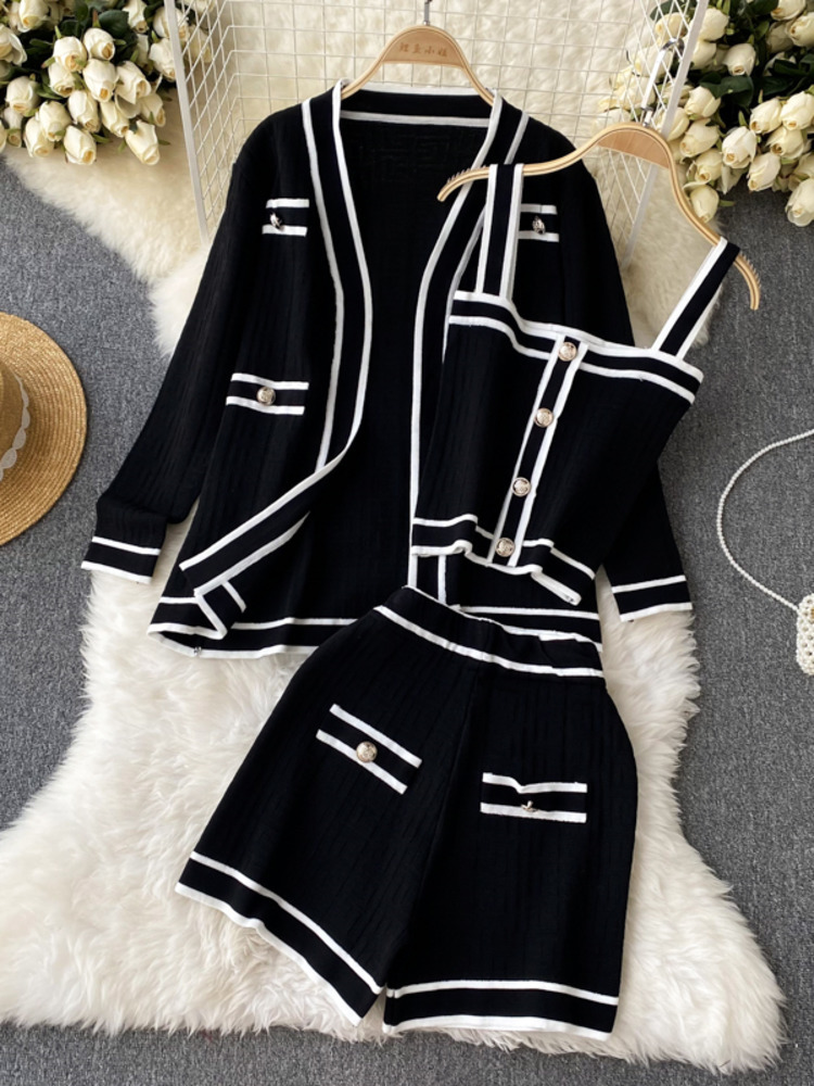 Women's long pants casual long sleeved V-neck cardigan jacket camisole vest waist shorts high-quality chic button retro 3-piece set