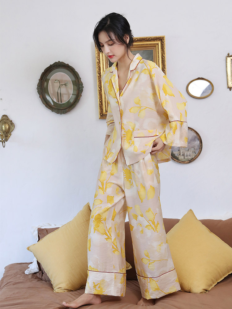 Women's Sleepwear Spring Floral Printed Pajamas Set Loungewear Sleepwear Pijamas Women Long Sleeve Wide Leg Pyjama Set Woman 2 Pieces 230310