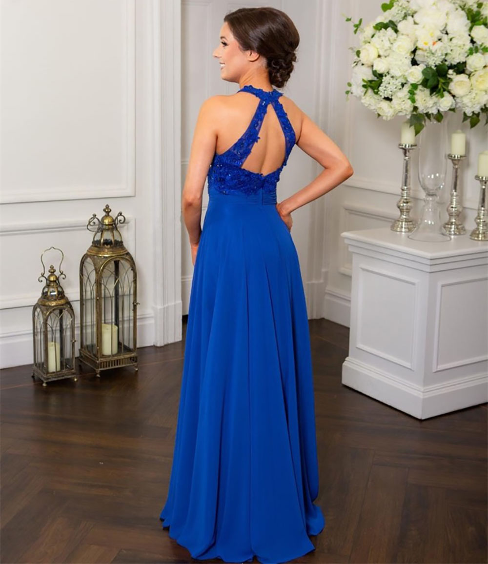 Bridesmaid Dresses Plus Size Royal Blue Gown Formal For Weddings A Line Sleeveless Floor-Length Chiffon New Zipper NONE Train O-Neck Applique Custom P