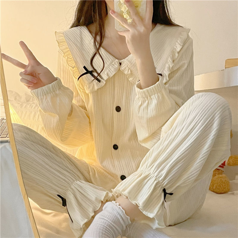 Women's Sleepwear Sweet Long Sleeve Pajama Sets Women Loose Casual Stylish Chic Homewear Single Breasted Ins Cute Bow Princess Nightwear 230310
