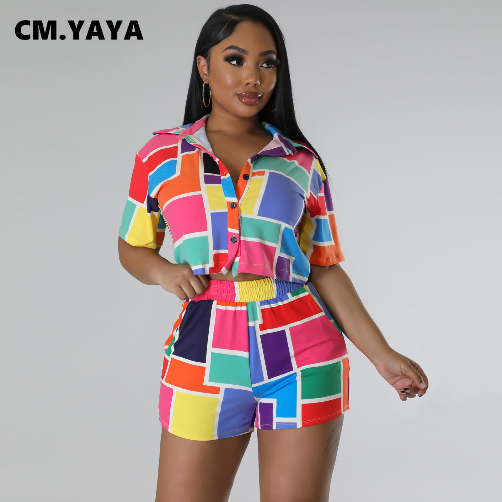 Womens Two Piece Pants CMYAYA INS Women Paisley Printed Short Sleeve Mini Shirt Blouse and Shorts Suit Fashion Two 2 Piece Set Outfits Tracksuit 23031