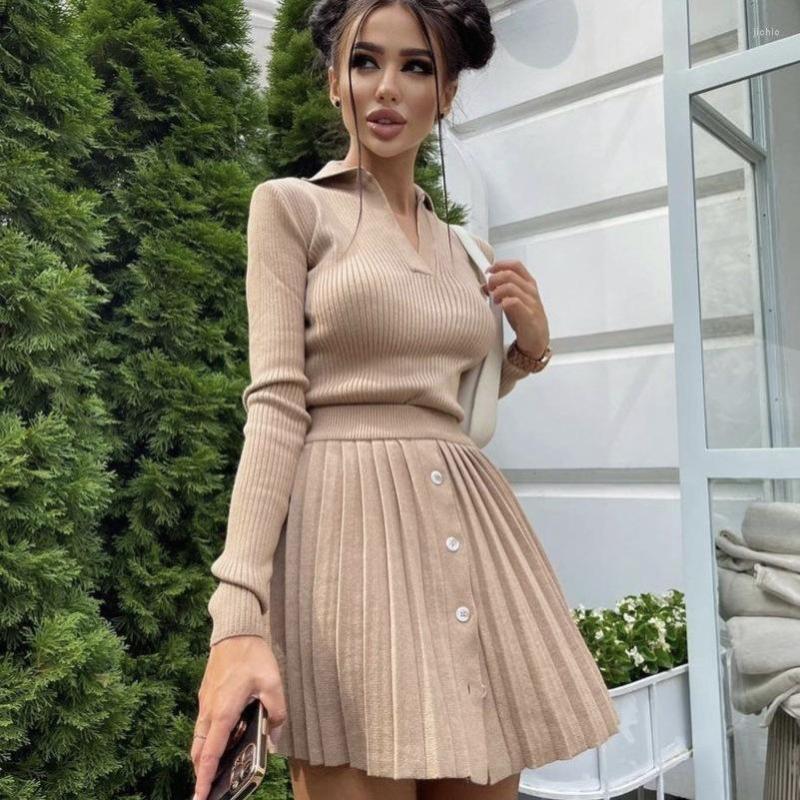 Casual Dresses Fashion Outfits Knitted Sweaters Top And Pleated Skirts 2 Piece Sets Women Pleat Autumn Winter Matching Set Dress