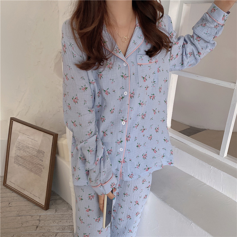 Women's Sleepwear floral print gauze cotton pajama set women comfortable breath pants suit home clothes linen crepe nightwear pyjamas L937 230310