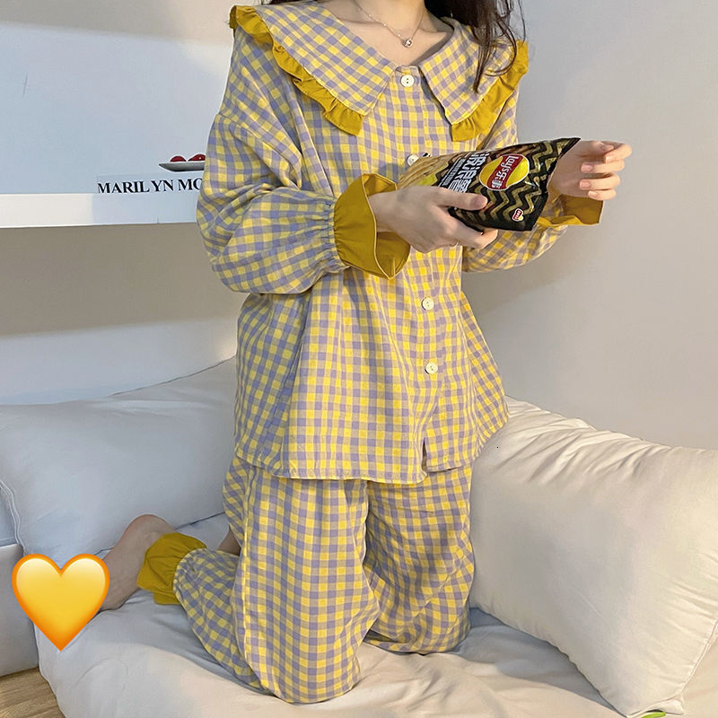 Women's Sleepwear Women Pajama Sets Long Sleeve Button Top Elastic Waist Pants Loose Lounge Homewear Cute Autumn Ruffles Pajamas 2pcs 230310