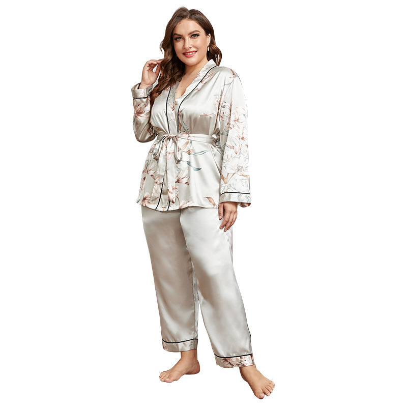 Women's Sleepwear 5xl Large Size Satin Women's Cardigan Printed Robe with Long Trouser Pajamas Set Loose Conjuntos Feminino Elegante Ladies 