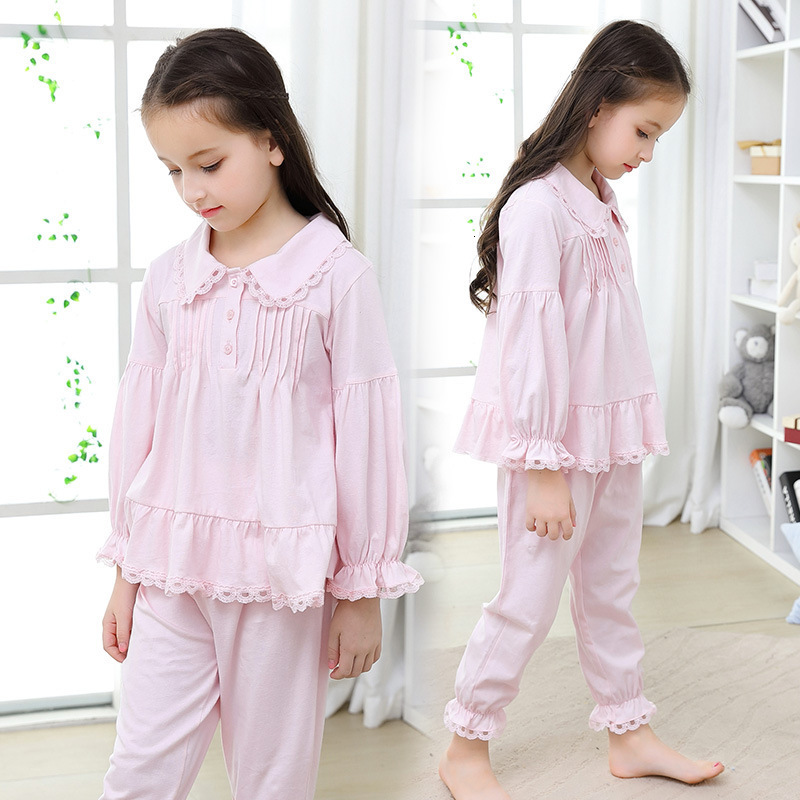 Pajamas Girl Pajama Set Kids Home Cloth Girls Pyjamas Cotton Long Sleeve Lace Cute For Children Princess Retro Sleepwear Cute Nightwear 230310