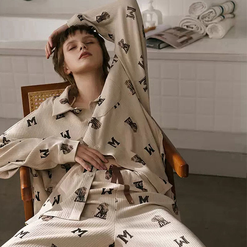 Women's Sleepwear QWEEK Women's Pajamas Bear Print Home Clothes Long Sleeve Autumn Pijamas Feminino Turn Down Collar Sleepwear Soft Nightie 