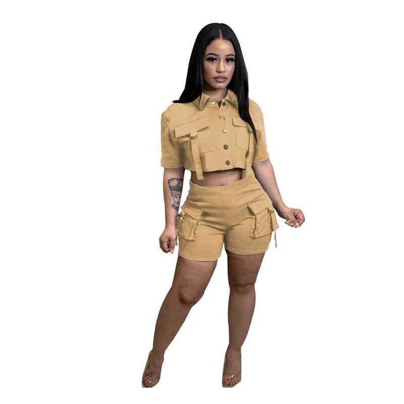 Women Tracksuits Designer Summer Button Multi Pocket Two Piece Set Elastic Short Sleeved Tops And Shorts Outfits 5 Colours