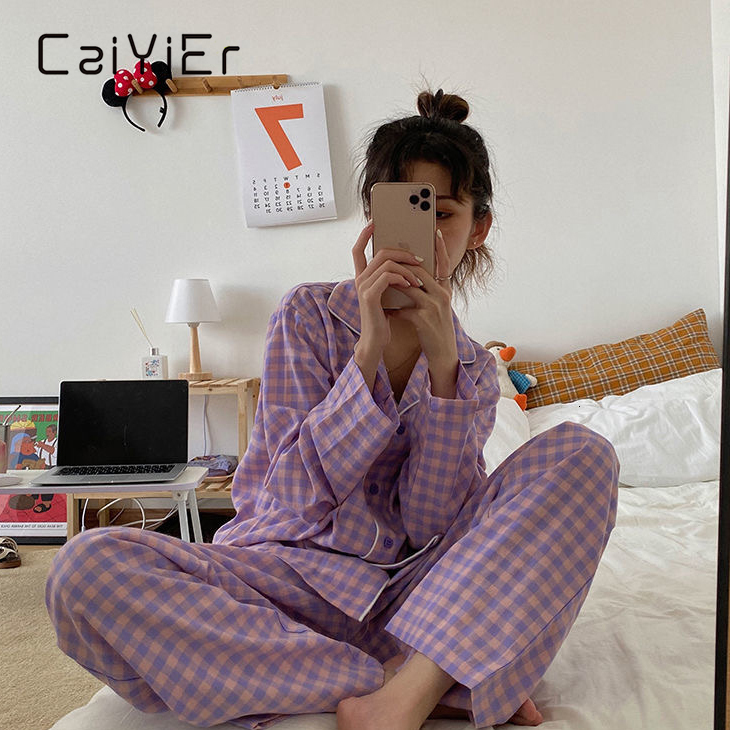 Women's Sleepwear CAIYIER Green Grid Women Pajama Set Korean Style Loose Leisure Sleepwear Elastic Waist Pant Nightwear Spring Winter Home Clothi