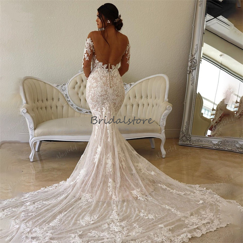 Plus Big Size Lace Boho Wedding Dress 2023 Rustic Mermaid Beach Bridal Fishtail Lace Train Long Sleeve Church Robe De Mariee Country Bohemian Bride Go