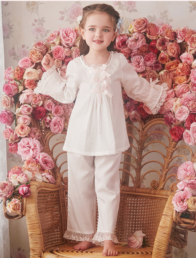 Pajamas Children Girl's Lolita White Princess Pajama Sets.Royal Style TopsPants.Vintage Toddler Kid's Bow Pyjamas set.Sleep Loungewear 23031