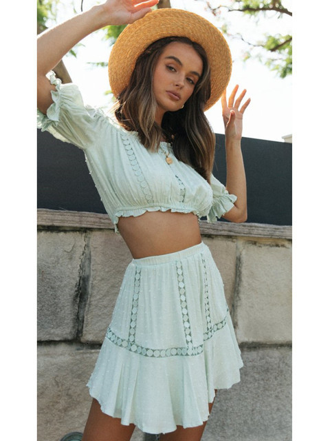 Two Piece Dress Summer Set Bohemian Casual Beach Skirts 2Pcs Sets Lace Off Shoulder Crop Tops and Short Pleated Skirt 230310
