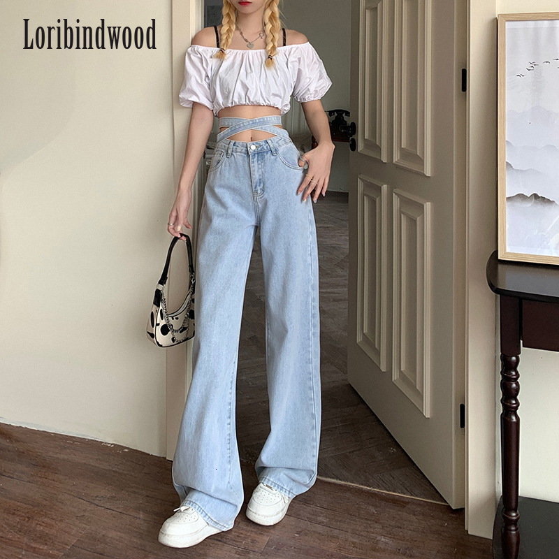 Women's Jeans Denim Trousers Women Sexy Korean Version Retro Small Waist Light Blue Jeans Women's Tie High Waist Loose Casual Wide-Leg Pants