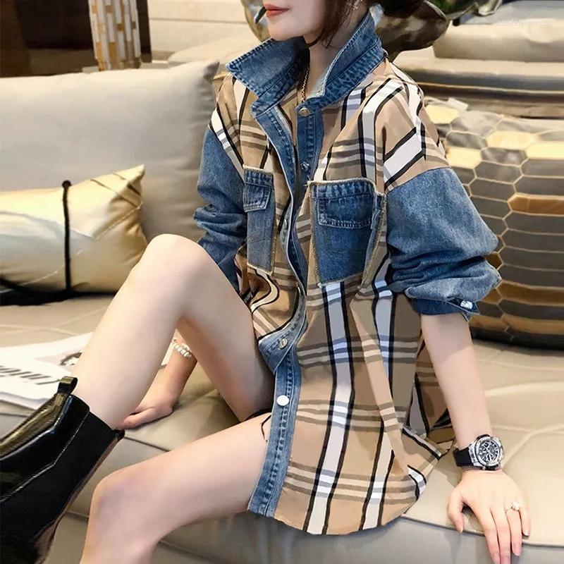 Women's Blouses Hong Kong Style Denim Patchwork Plaid Shirt Women Foreign Relaxed Casual Design Feel Top Spring European Station