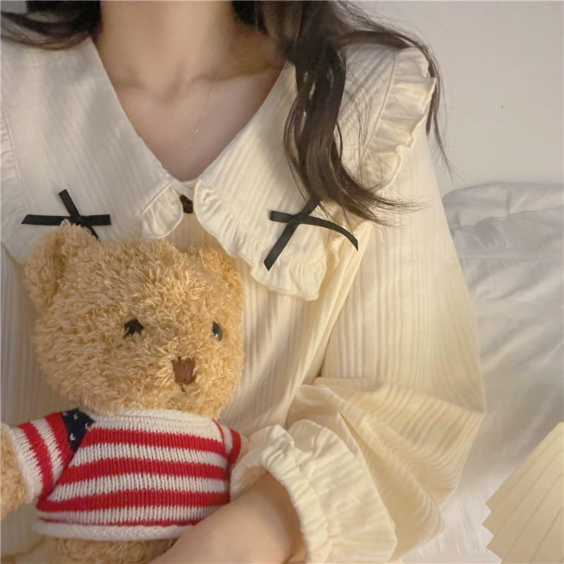 Women's Sleepwear Sweet Long Sleeve Pajama Sets Women Loose Casual Stylish Chic Homewear Single Breasted Ins Cute Bow Princess Nightwear 230310