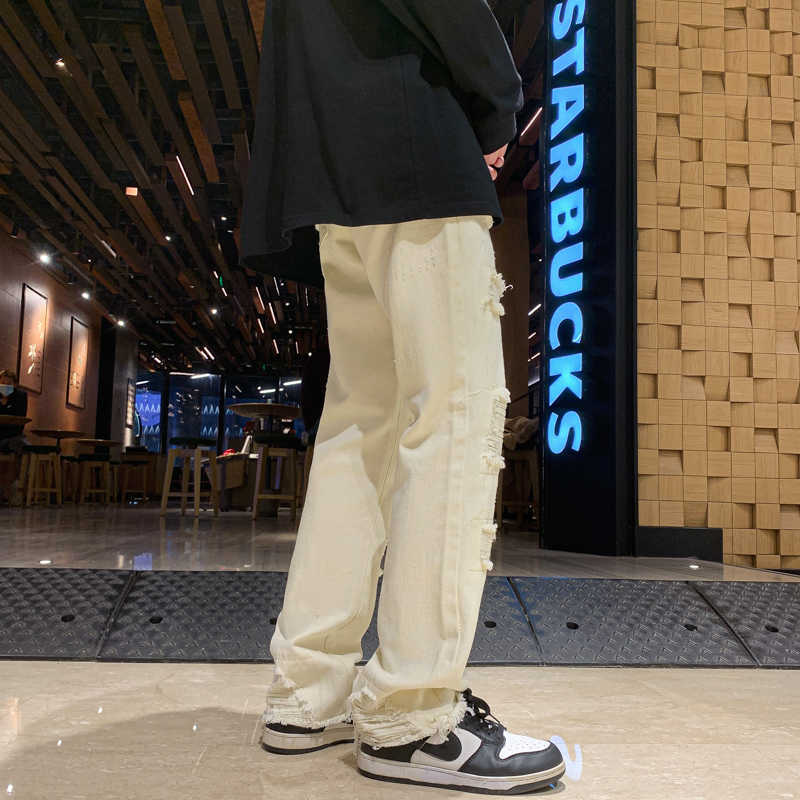 Men's Jeans Street Clothing 2023 New Casual and Comfortable Black Ripped Loose All-match Micro Flared Ladies White Y2303