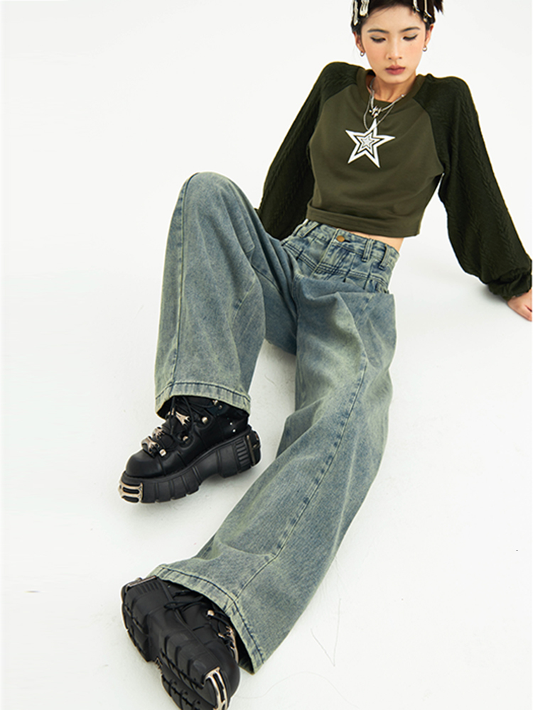 Women's Jeans Fashion Harajuku Wide Leg Jeans for Women All-Match Loose Casual Wash Denim Pants Baggy High Street Long Trousers Spring 230310