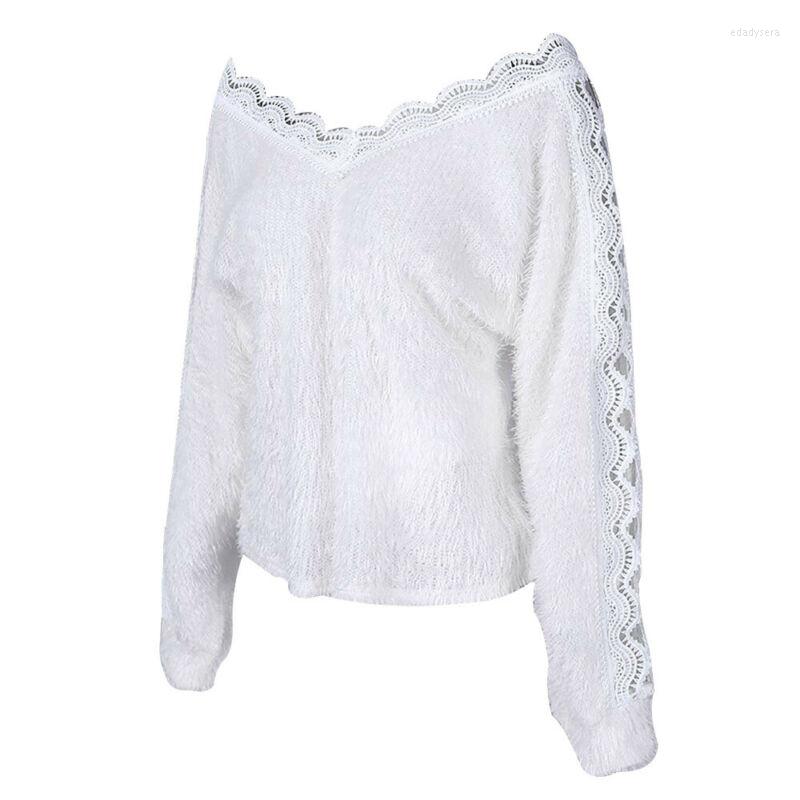 Womens Sweaters White Lace Crochet Hollow Out Long Sleeve Women V-Neck Pullover Jumper Spring Autumn Fashion Casual Woman Clothing