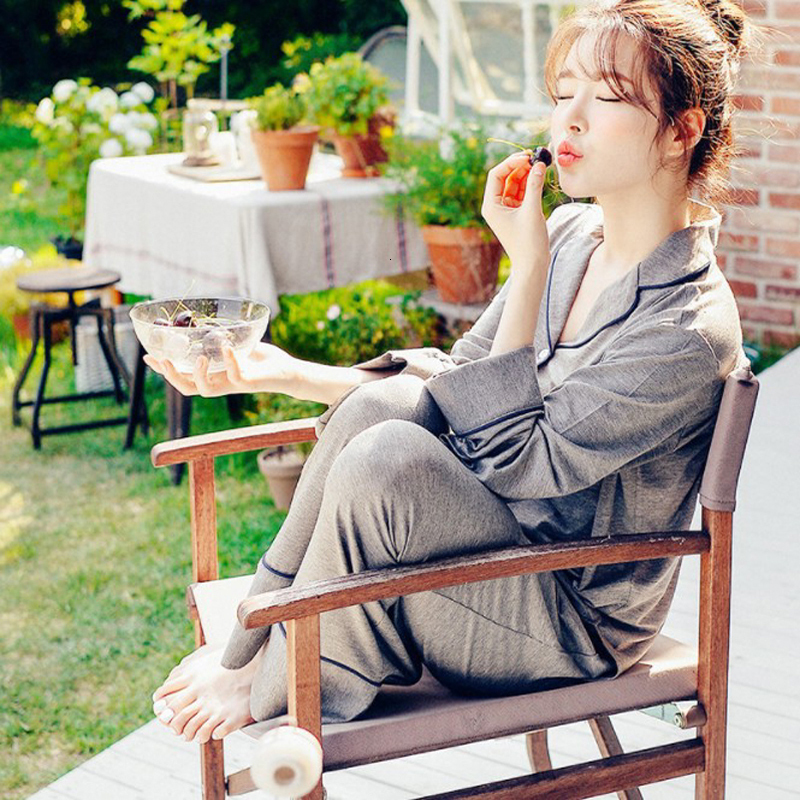 Women's Sleepwear 2PCS Pajama Sets Women Long Sleeve Solid Modal Loose Breathable Soft Lady Suit Womens Korean Style Home Clothing Comfortable 23