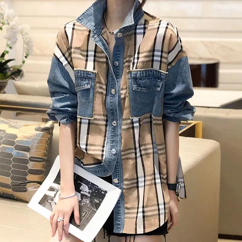 Women's Blouses Hong Kong Style Denim Patchwork Plaid Shirt Women Foreign Relaxed Casual Design Feel Top Spring European Station