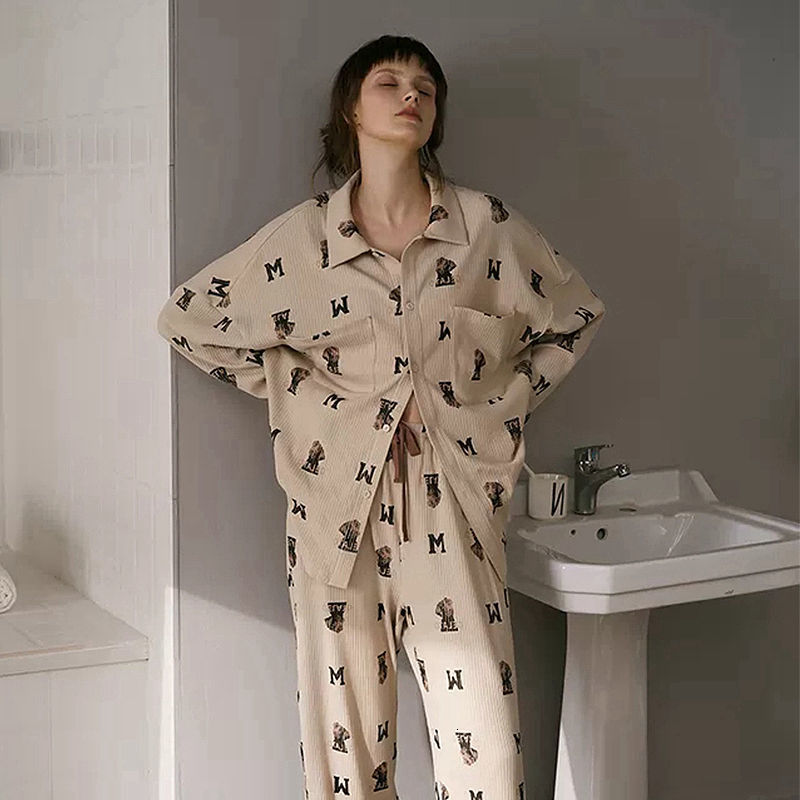 Women's Sleepwear QWEEK Women's Pajamas Bear Print Home Clothes Long Sleeve Autumn Pijamas Feminino Turn Down Collar Sleepwear Soft Nightie 