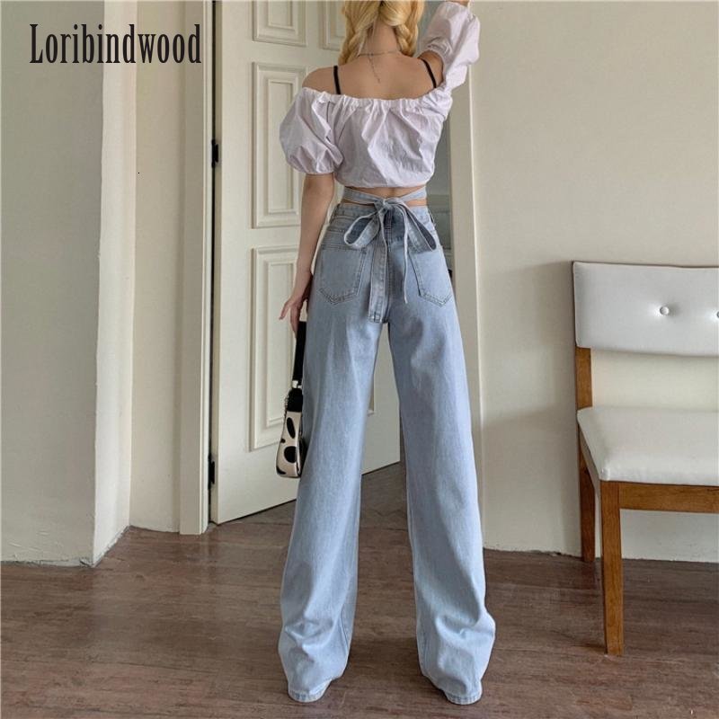 Women's Jeans Denim Trousers Women Sexy Korean Version Retro Small Waist Light Blue Jeans Women's Tie High Waist Loose Casual Wide-Leg Pants