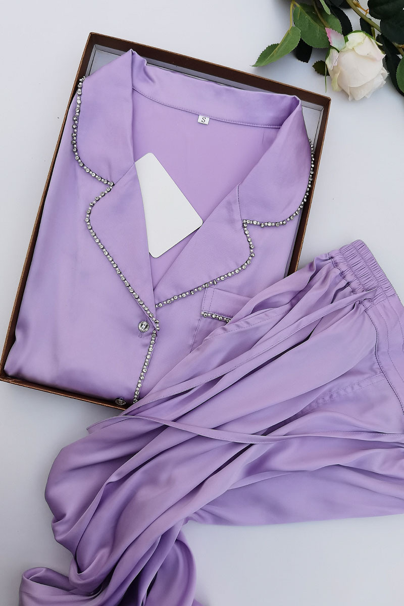 Women's Sleepwear Women's Silk-encrusted Diamond-trimmed Long-sleeved Long Pants Pajama Set Wear Home Suit Silk Pajamas Sexy Pajamas 230310