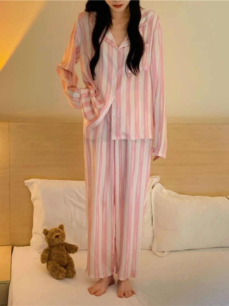 Women's Sleepwear Autumn Winter Long Sleeved Women Pajamas Set Simple Stripes Trousers Pyjamas Sets Loungewear Women Leisure Sleepwear Set 230310