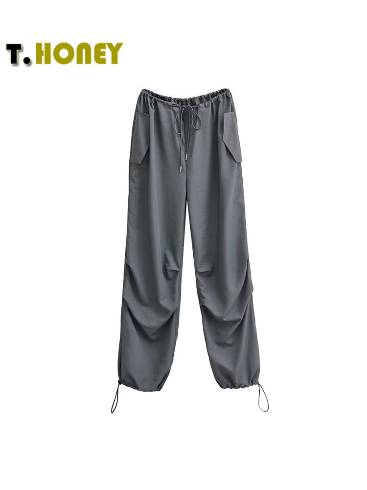 Women s Pants s TELLHONEY Women Fashion Drawstring Pleat Baggy Cargo Female High Street Chic Low Waist Wide Leg Jogging Parachute Trousers 230309