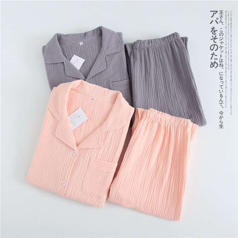 Women's Sleepwear Japanese cotton crepe men's long-sleeved trousers pajamas spring and autumn thin couple home service suit ladies pajamas 2