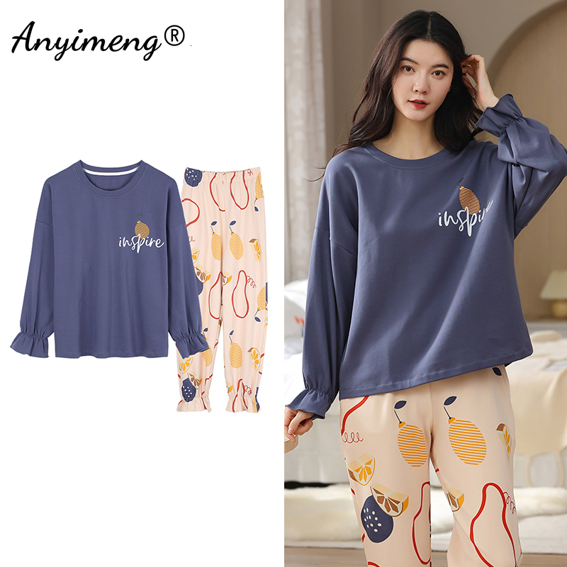 Women's Sleepwear 5XL Pajamas for Women Autumn Winter Pyjama Set Floral Printing Elegant Sleepwear Cotton Womens Pijama Set Lady Loungewear 23031