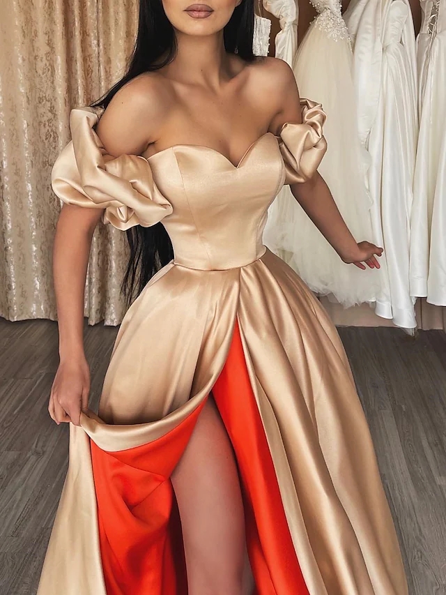Champagne A-Line Long Evening Formal Dress Sexy Off Shoulder Short Balloon Sleeve High Split Satin Celebrity Prom Party Gowns Robe de soiree 2023
