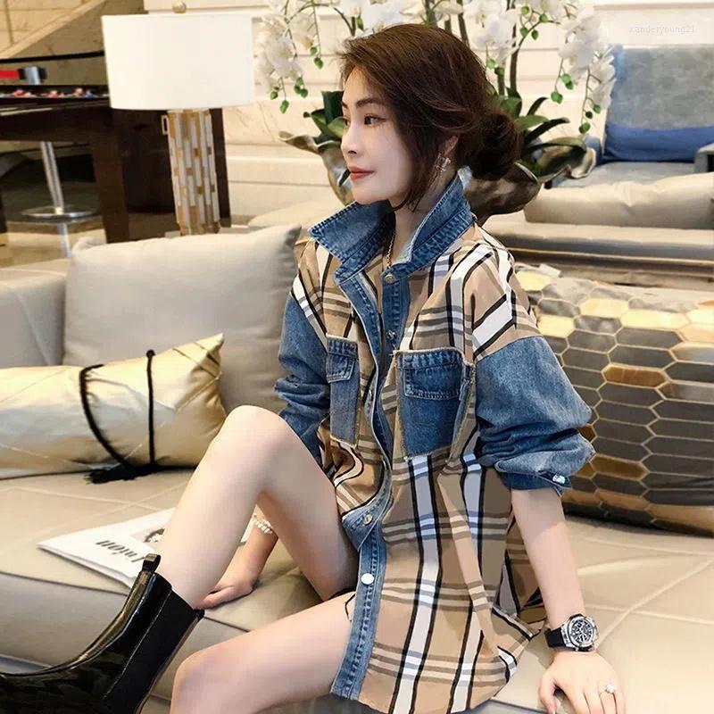 Women's Blouses Hong Kong Style Denim Patchwork Plaid Shirt Women Foreign Relaxed Casual Design Feel Top Spring European Station