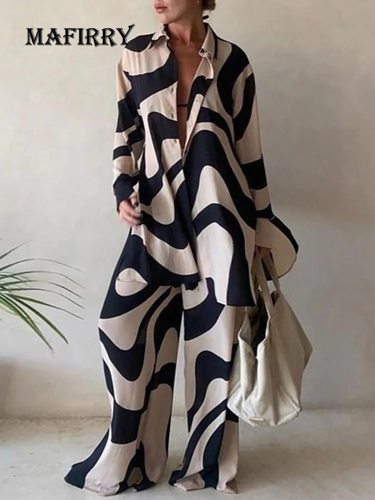 Women's Two Piece Pant Streetwear Sportswear Loose 2PCS Suit Spring Autumn Printing Long Cardigan Top Wide Leg Pants Ladies Outfit Drop 230310