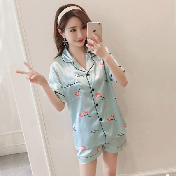Women's Sleepwear Short Sleeve Silk Pajamas Set Cute Flowers Print Sleepwear Summer Saft 4XL 5XL Spring Women Nightwear Casual Home Clother 23031