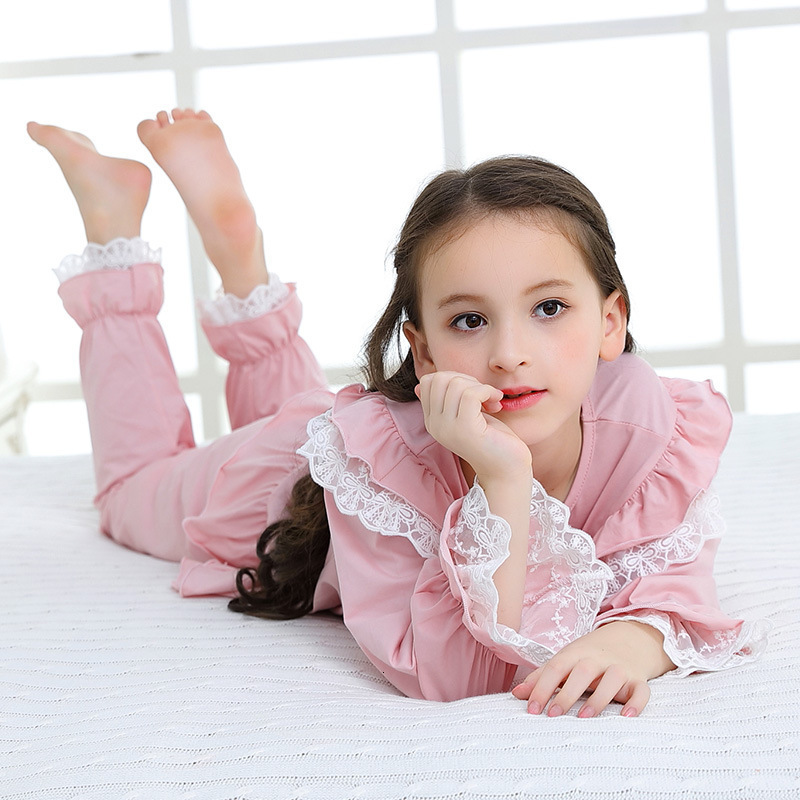 Pajamas Autumn Girl Pajama Set Kids Home Cloth Women Pyjamas Cotton Long Sleeve Lace Cute for Children Princess Retro Sleepwear 230310
